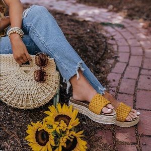 Yellow Braided One Band Platform Slip On Sandal